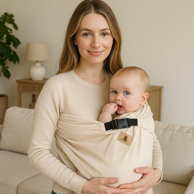 maman avec écharpe de portage beige rangement