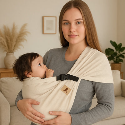 maman avec écharpe de portage beige