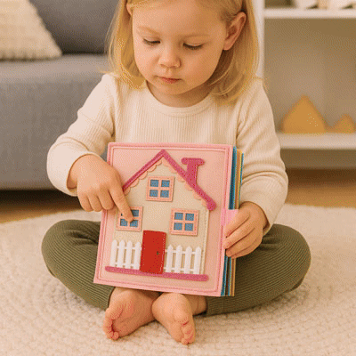GIF livre sensoriel bébé en tissu rose