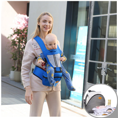 porte bebe bleu avec pochette - maman avec bebe