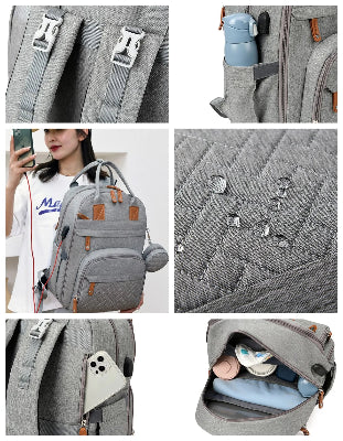 sac à dos à langer gris imperméable et détails