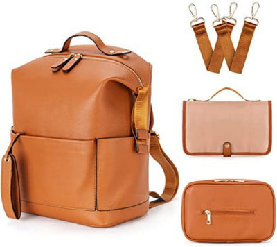 détails sac à langer en cuir marron - sac à dos pour maman