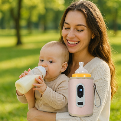 Chauffe biberon rose - maman avec bebe dans un parc