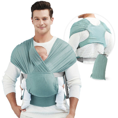 écharpe de portage verte - papa avec bébé