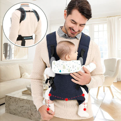 porte bebe bleu marin - papa avec bebe devant