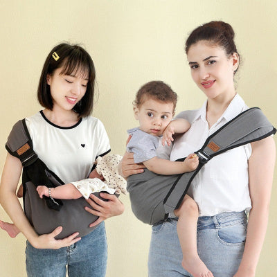 porte bébé gris - bébé à la taille et couché
